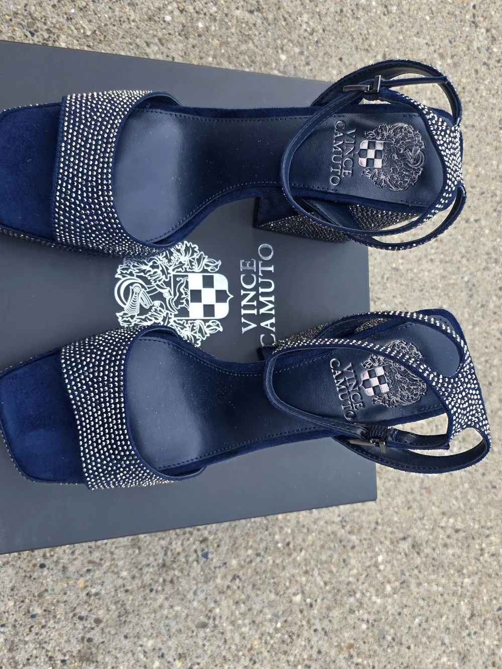 Vince Camuto Navy Embellished Block Heel Sandals Women 8.5
